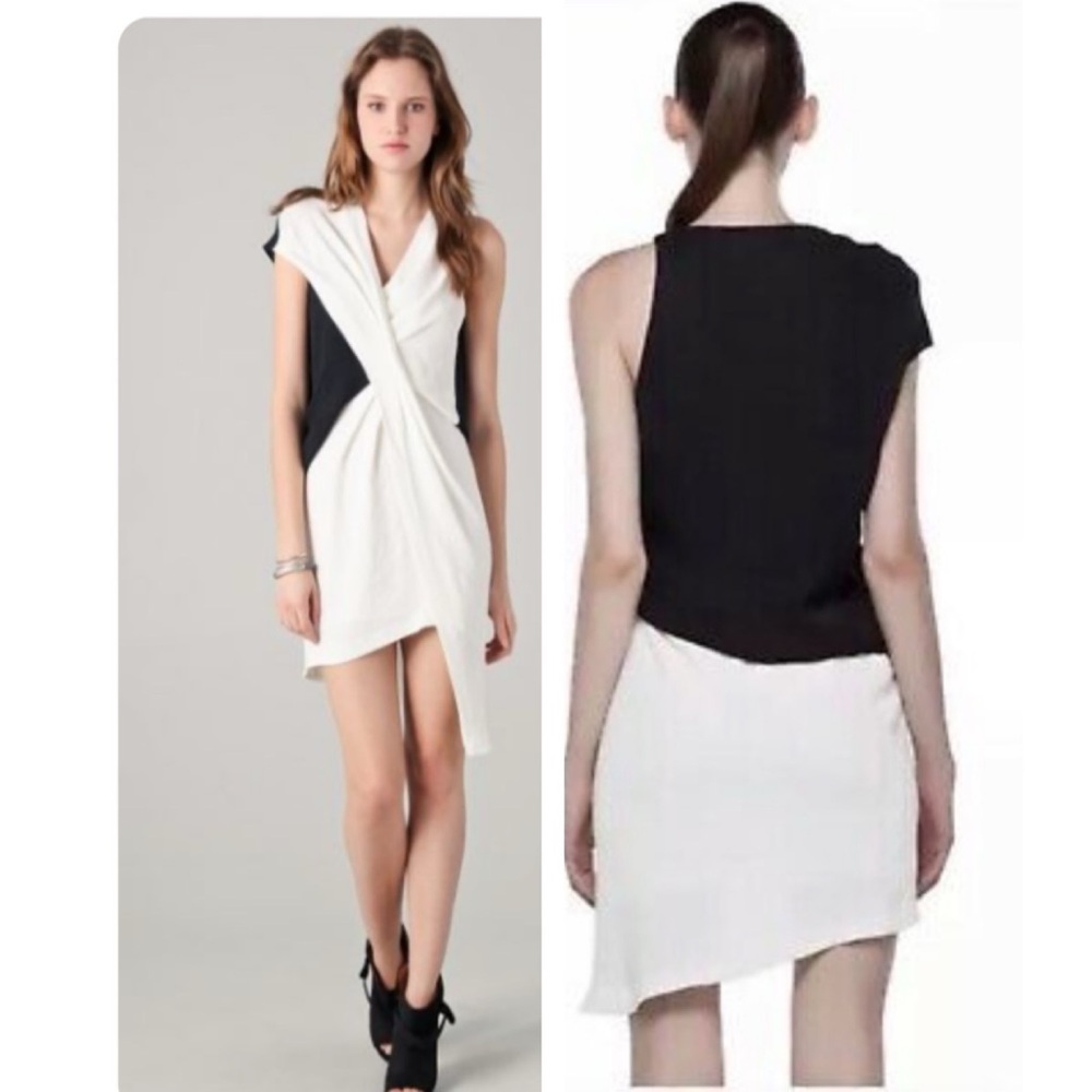 Helmut Lang Silk Crepe Cross Tuck Ruched Asymmetrical Hem Dress Colorblock V Top